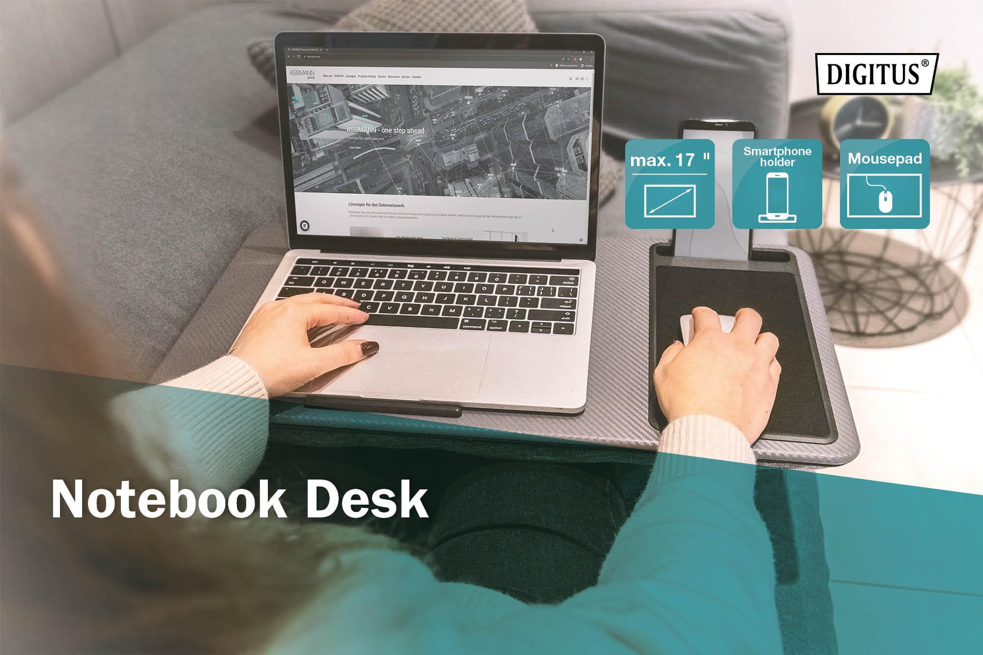 DIGITUS Notebook Kissen - mit Smartphone-Halterung - für 17" Laptops - Laptopunterlage - zum bequemen Arbeiten vom Sofa oder Bett aus - Grau