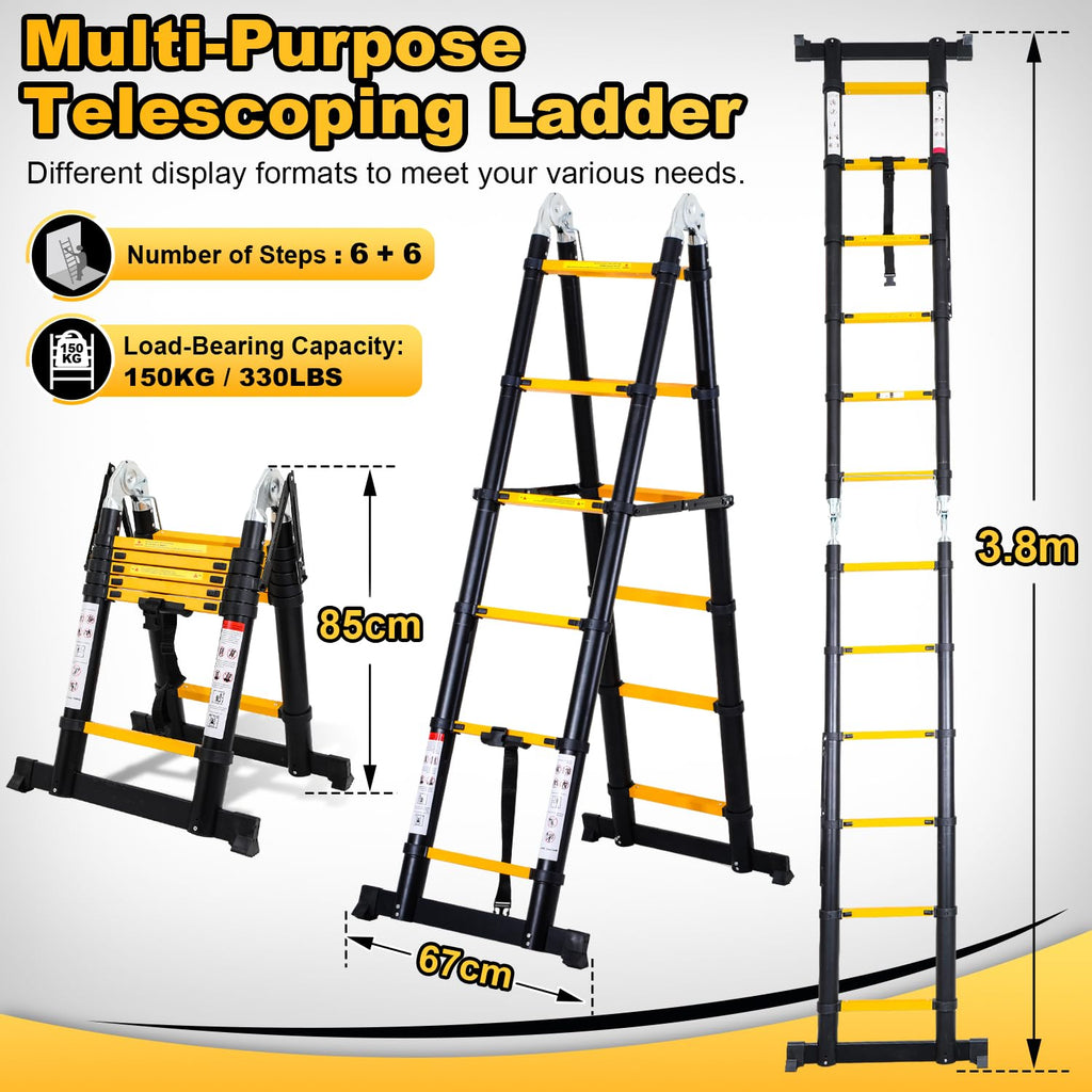 Joparri Teleskopleiter Klappleiter Aluminium 5M Ausziehbare Leiter, Rutschfester Aluleiter Stehleiter Mehrzweckleiter Aluminiumleiter Ausziehleiter 150 kg Belastbarkeit, Schwarz Gelb