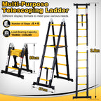 Joparri Teleskopleiter Klappleiter Aluminium 5M Ausziehbare Leiter, Rutschfester Aluleiter Stehleiter Mehrzweckleiter Aluminiumleiter Ausziehleiter 150 kg Belastbarkeit, Schwarz Gelb