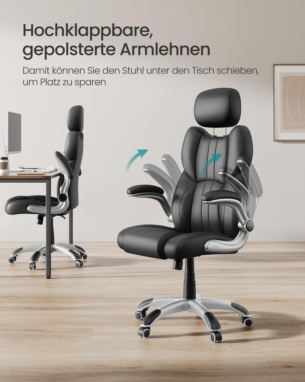 SONGMICS Bürostuhl, Gaming-Stuhl, verstellbare Kopfstütze, Wippfunktion, Schreibtischstuhl, verstellbare Armlehnen, Universalrollen, höhenverstellbar, tintenschwarz OBG65BK