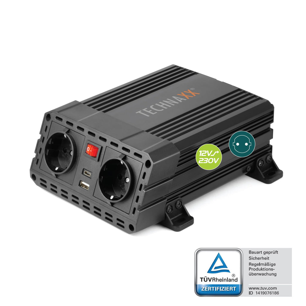 Technaxx KFZ Wechselrichter 12V auf 230V - TÜV Rheinland zertifiziert Auto Inverter mit 2x Schuko-Stecker und 2x USB-Port - Power 600W / 1200W (Spitze) – Spannungswandler TE19