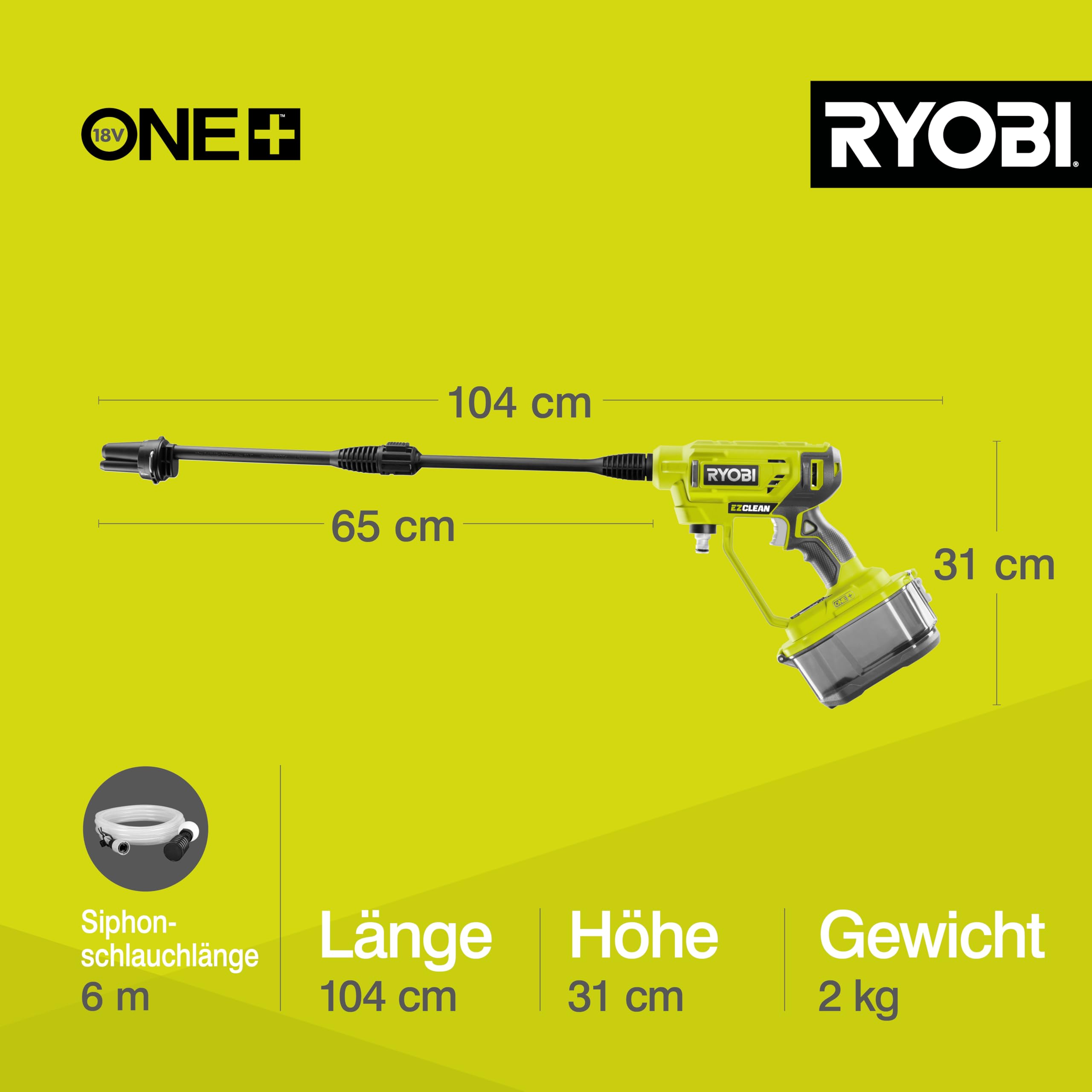 RYOBI 18 V ONE+ Akku-Mitteldruckreiniger RY18PW22A-0, 3in1 Düse, Turbodüse, 15°-Fächerstrahl für die allgemeine Reinigung, ohne Akku & Ladegerät