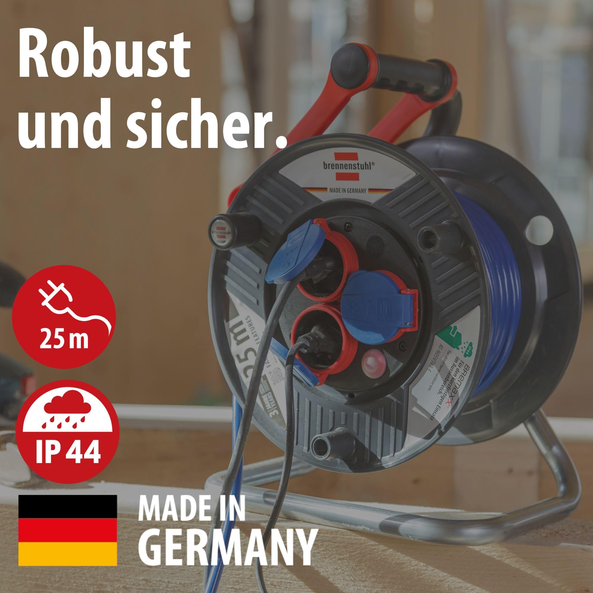 Brennenstuhl Garant IP44 Kabeltrommel (25m, Spezialkunststoff, kurzfristiger Einsatz im Außenbereich, Made in Germany) grau