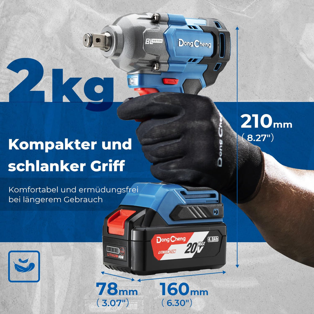 Dong Cheng Akku Schlagschrauber 18V, Bürstenloser Drehschlagschrauber1/2”, 488N.m, 3-Gang-Getriebe, mit 4 Schlagstecknüssen, inkl. 4000mAh Akku und 2A Ladegerät im Heavy-Duty-Tragekoffer