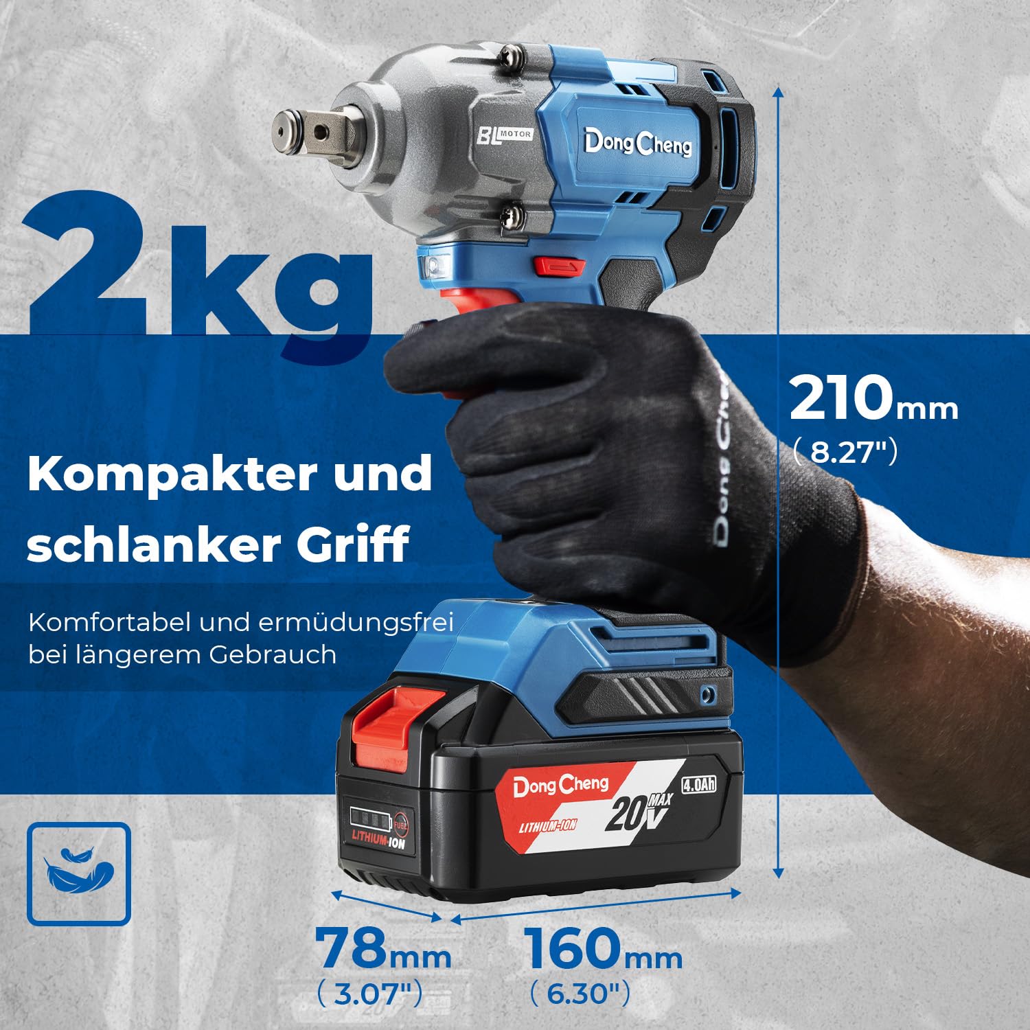 Dong Cheng Akku Schlagschrauber 18V, Bürstenloser Drehschlagschrauber1/2”, 488N.m, 3-Gang-Getriebe, mit 4 Schlagstecknüssen, inkl. 4000mAh Akku und 2A Ladegerät im Heavy-Duty-Tragekoffer