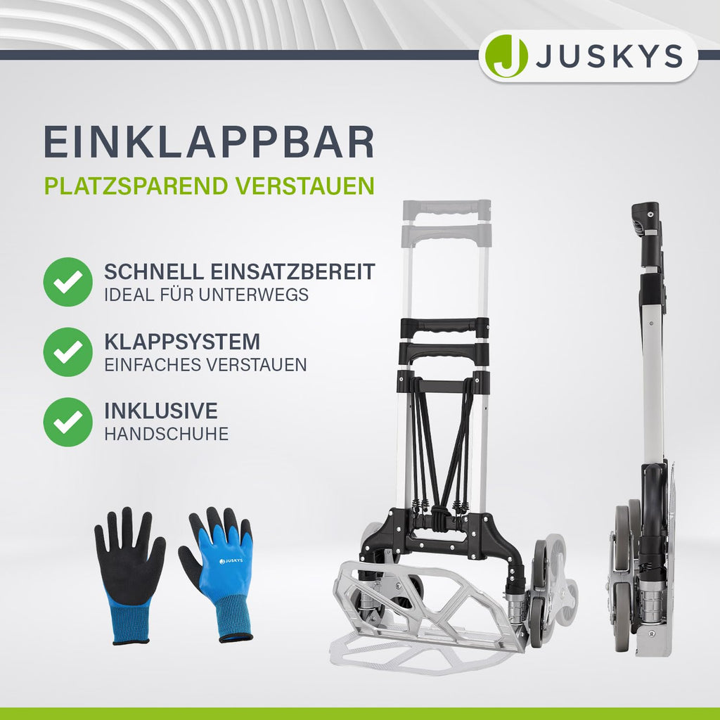 Juskys Treppensackkarre klappbar & bis 80 kg belastbar - Alu Mini Sackkarre für Treppen - mit Handschuhen & Expanderseilen - Treppensteiger klein