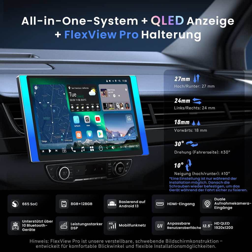[12,5" QLED] ATOTOZONE AI Android Autoradio mit 1 DIN & Doppel DIN, 8G+128G, Flexview-Display, 7.1.2 CH Audio, 4G LTE,Wireless CarPlay&Android Auto,36B-EQ, Dualband-WLAN, mit 2 Dashcams,X10G125E-R3