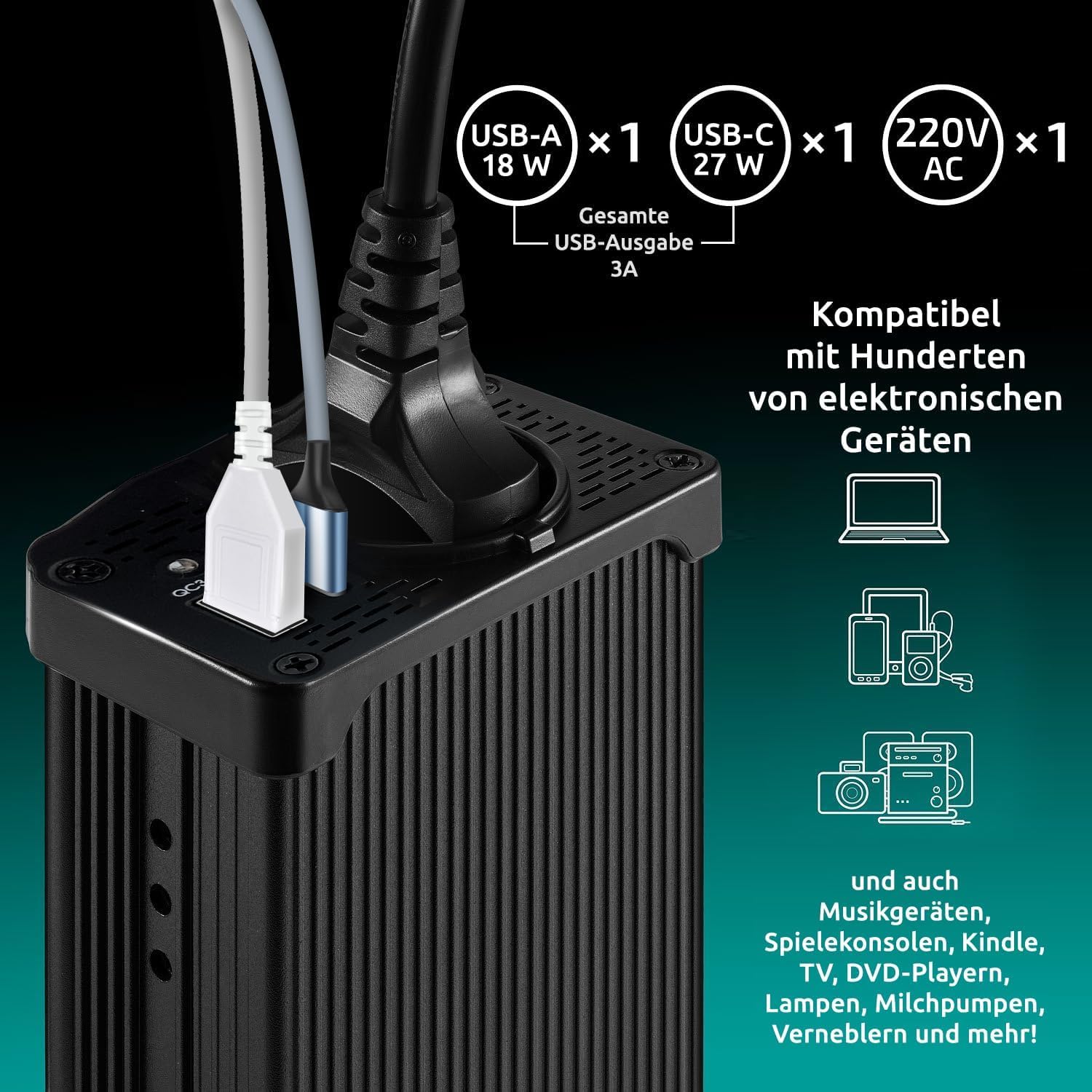Odoga Wechselrichter 12V auf 230V – 300 W Spannungswandler, Stromwandler mit 3A USB-C und USB-A Anschluss, Inverter 12V 220V, Auto Steckdose, Laden Sie Ihr Laptop, iPad, iPhone, Tablet Und Mehr