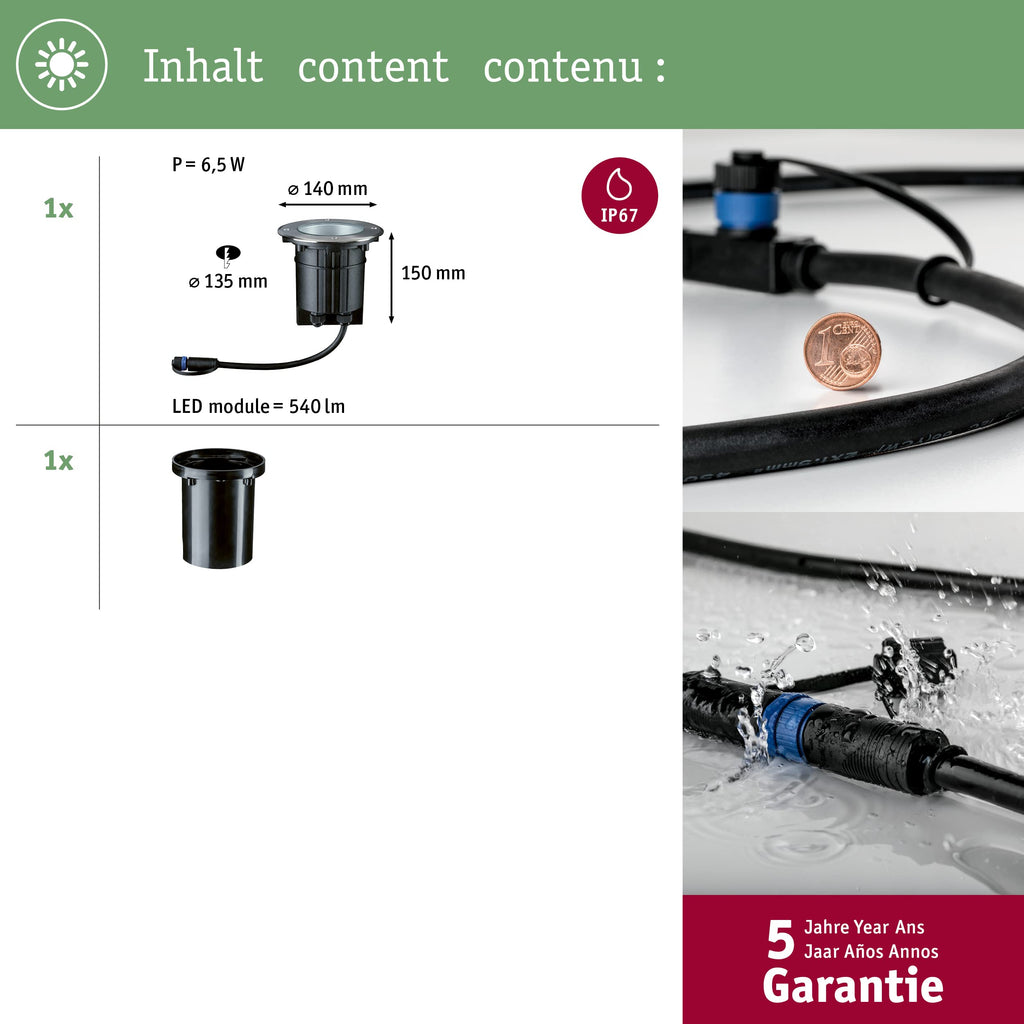 Paulmann Beleuchtungssystem Plug&Shine LED-Außeneinbauleuchte 6 W Warm-Weiß 93908 Silber 38 °