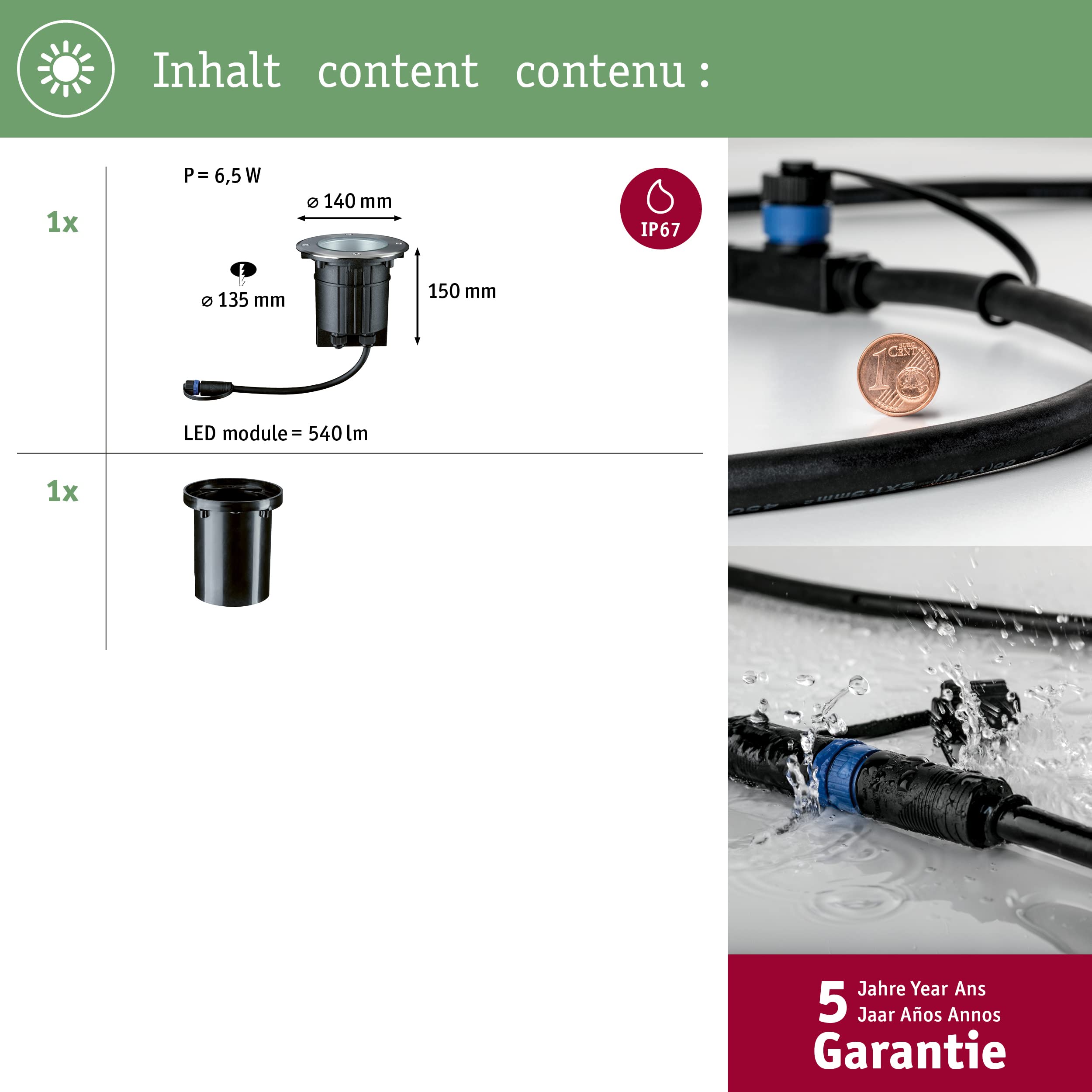 Paulmann Beleuchtungssystem Plug&Shine LED-Außeneinbauleuchte 6 W Warm-Weiß 93908 Silber 38 °