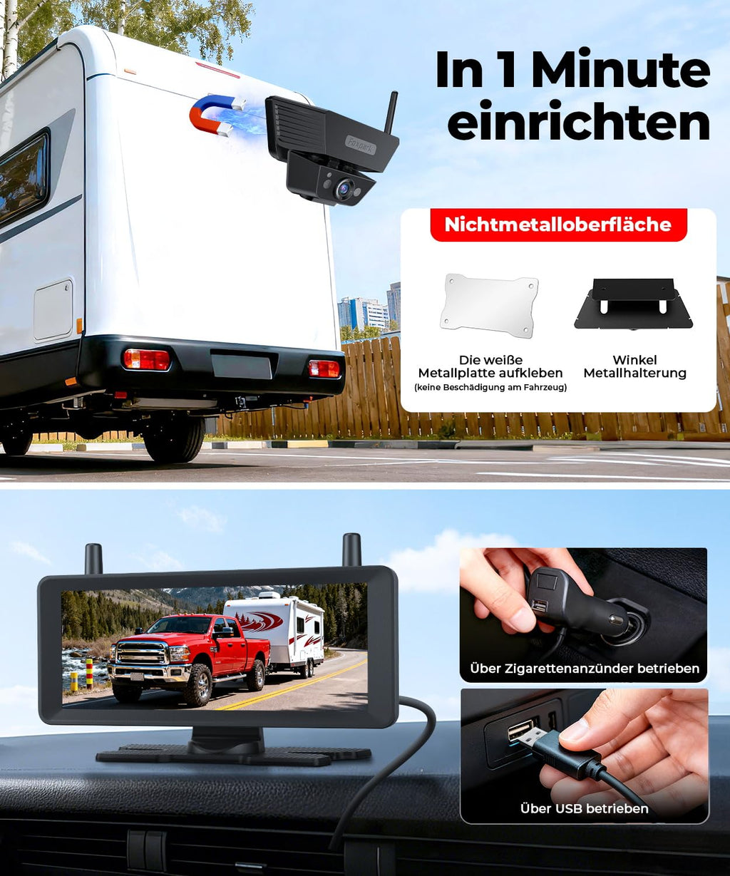 Solar Rückfahrkamera Kabellose 7,2 Zoll 1080P HD : Split Screen Monitor mit Starkem Signal Schnelle 1 Min Installation DVR Aufnahme Tragetasche Rückfahrkameras für Wohnmobil, LKW, Anhänger, Camper
