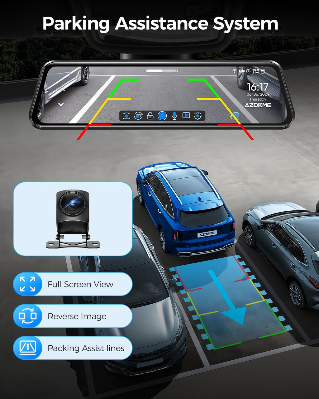 AZDOME PG17 4K 12" Spiegel Dashcam Auto, WiFi Rückspiegelkamera mit wasserdichter 1080P-Rückkamera, 64GB Karte enthalten, WDR-Nachtsicht, GPS, Sprachsteuerung, Fahrassistent