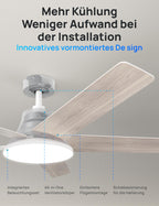 Dreo Smart Deckenventilator mit Licht, 132 cm, 12 Geschwindigkeiten, 3 Modi, stufenlos dimmbares LED-Beleuchtung, leiser DC-Motor, 12H-Timer, Fernbedienung/APP/Alexa, für Innenräume, Weiß
