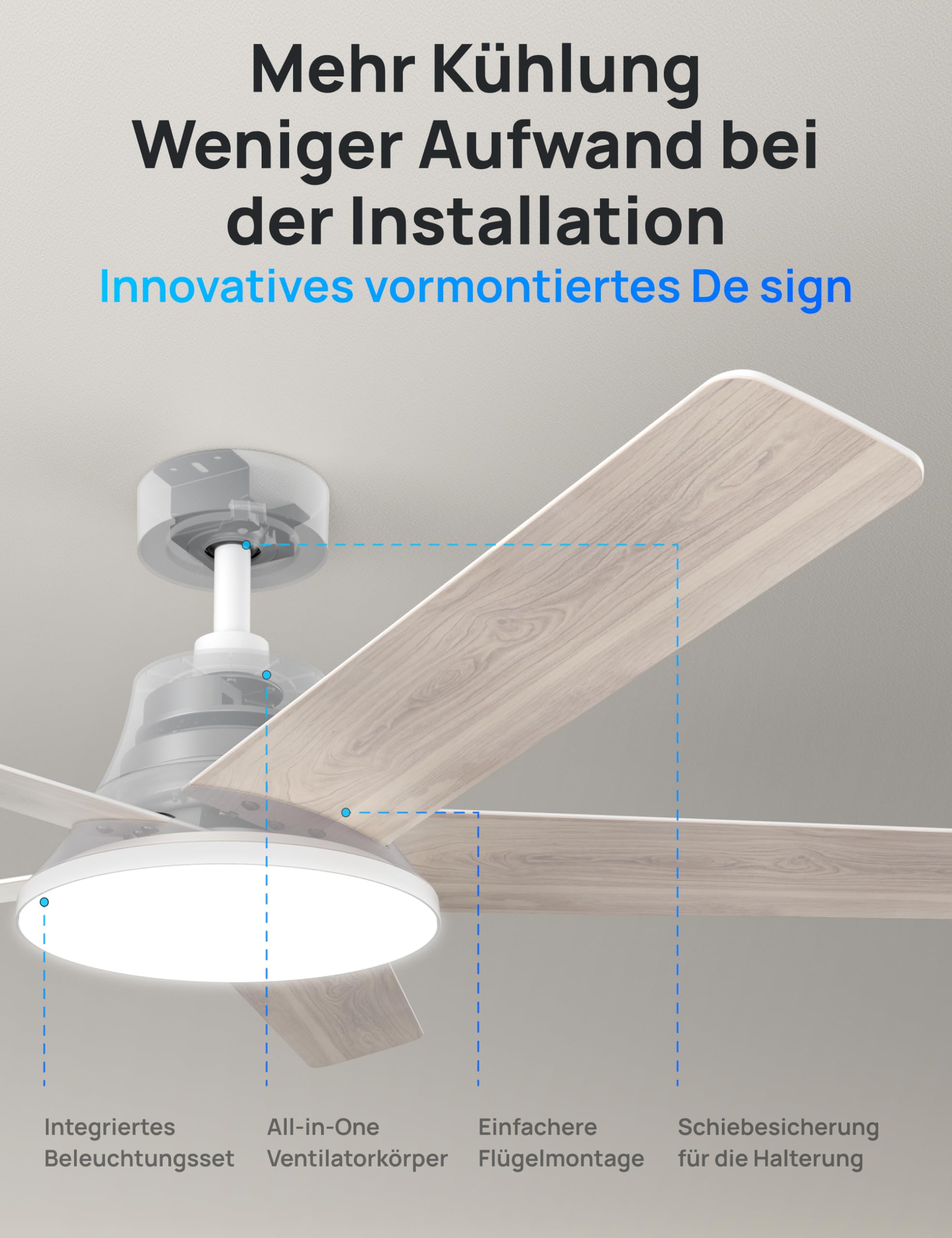 Dreo Smart Deckenventilator mit Licht, 132 cm, 12 Geschwindigkeiten, 3 Modi, stufenlos dimmbares LED-Beleuchtung, leiser DC-Motor, 12H-Timer, Fernbedienung/APP/Alexa, für Innenräume, Weiß