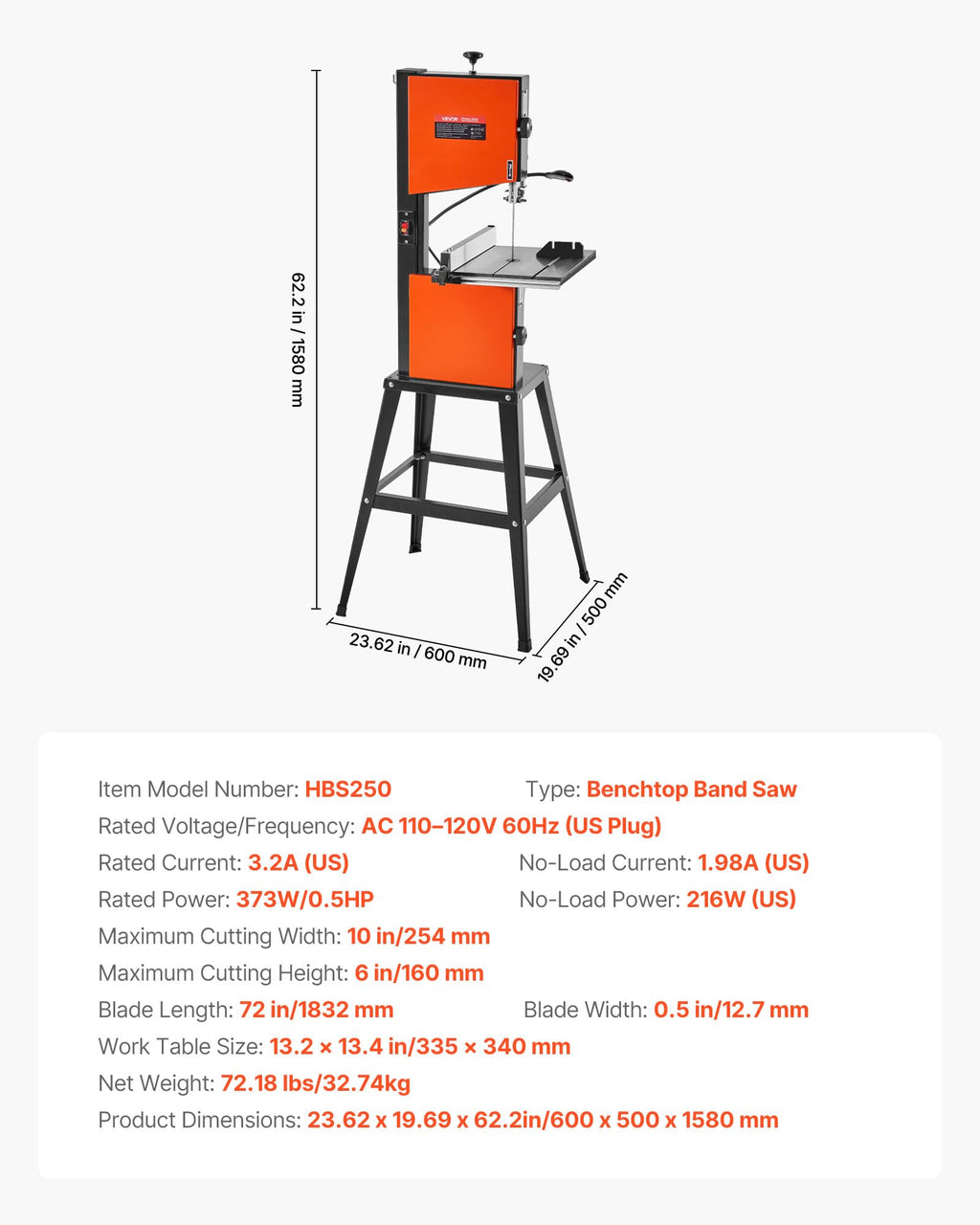 VEVOR Bandsäge mit Untergestell, 254 mm, Zweigang-Holzbandsäge, 373 W (1/2 PS), max. Schnitthöhe 160 mm, 335x340 mm Gusseisentisch, mit 360°-Arbeitsleuchte, Gehrungsanschlag, Parallelanschlag