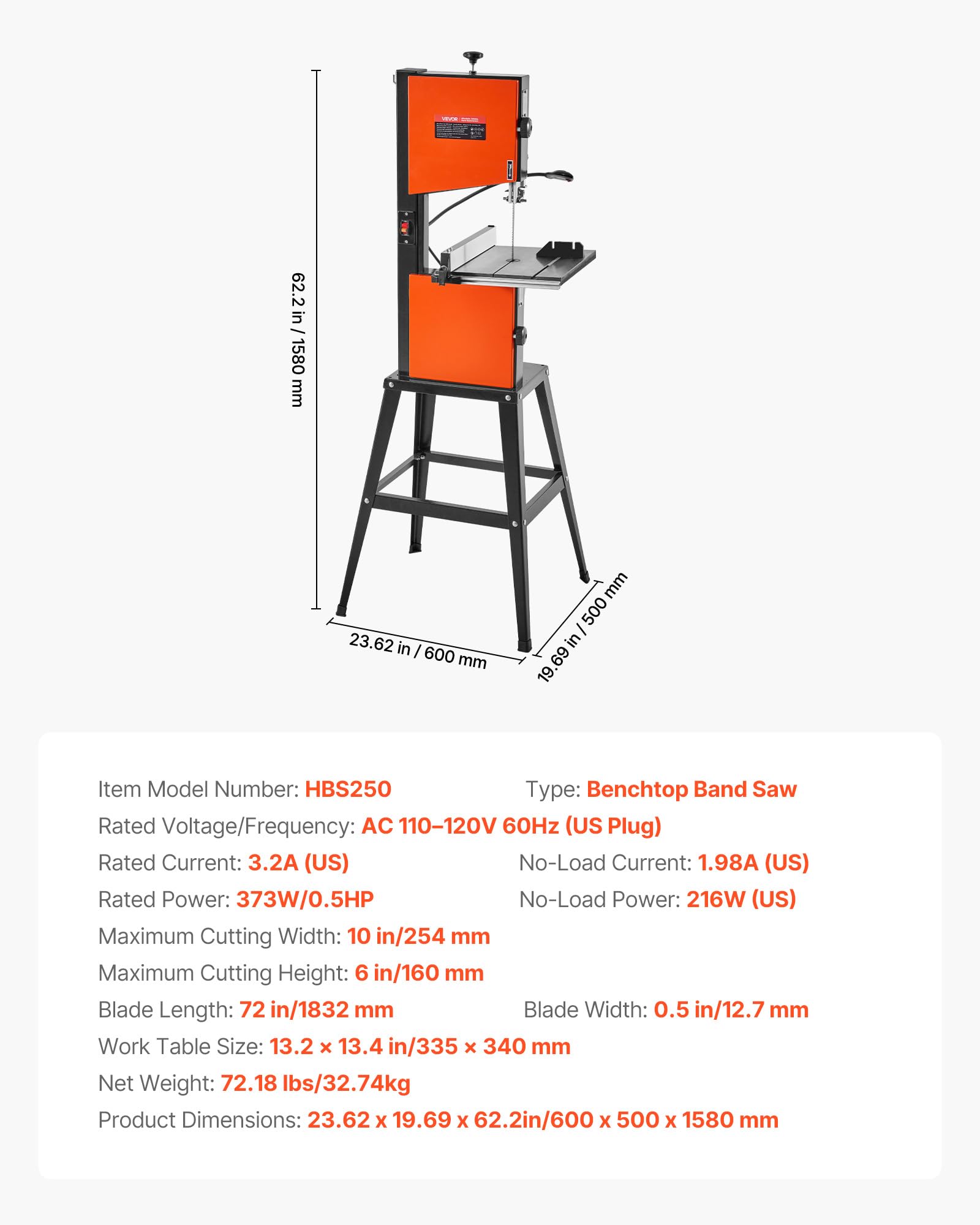 VEVOR Bandsäge mit Untergestell, 254 mm, Zweigang-Holzbandsäge, 373 W (1/2 PS), max. Schnitthöhe 160 mm, 335x340 mm Gusseisentisch, mit 360°-Arbeitsleuchte, Gehrungsanschlag, Parallelanschlag