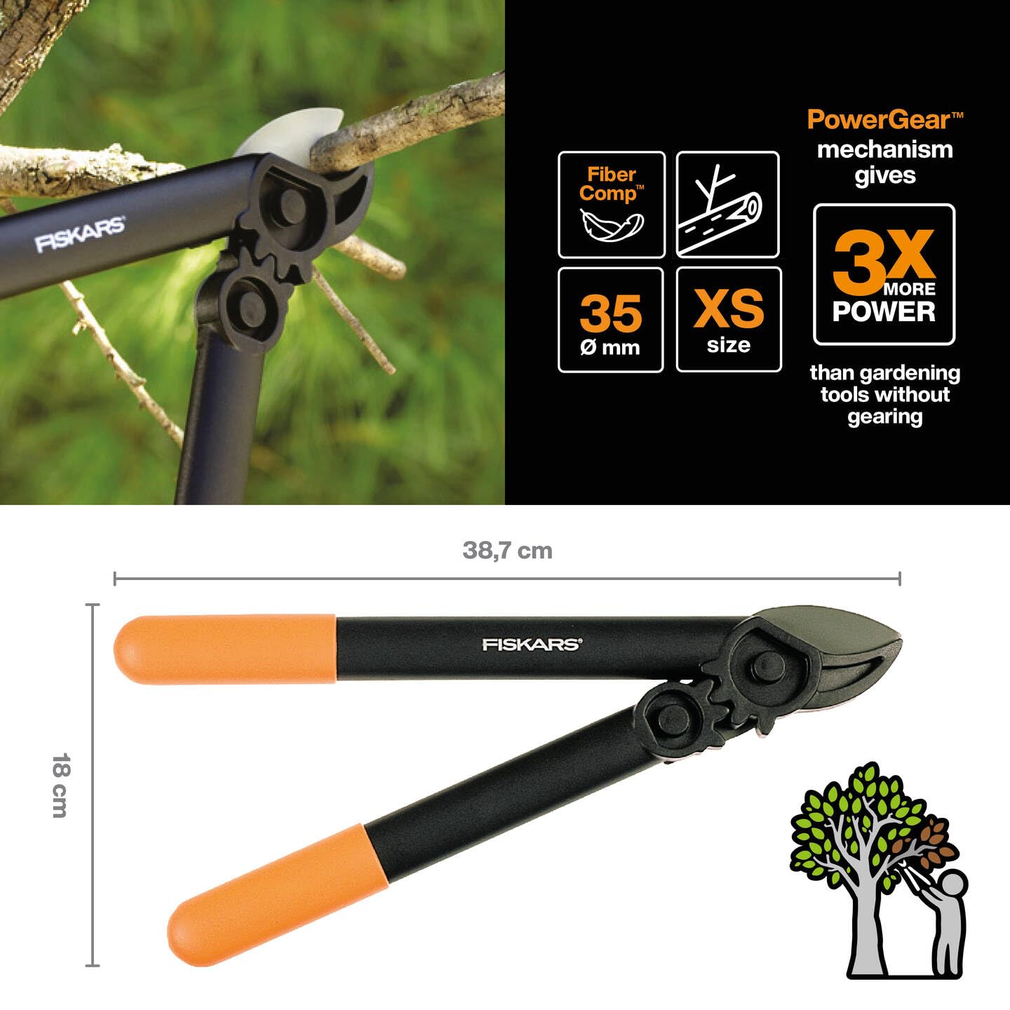 Fiskars PowerGear Amboss-Getriebeastschere für trockenes und hartes Holz, Antihaftbeschichtet, Gehärteter Präzisionsstahl, Länge: 39 cm, Schwarz/Orange, L31, 1000581
