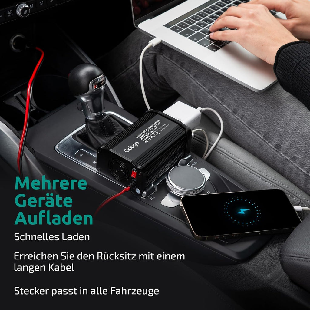 Odoga Wechselrichter 12V auf 230V – 300 W Spannungswandler, Stromwandler mit 3A USB-C und USB-A Anschluss, Inverter 12V 220V, Auto Steckdose, Laden Sie Ihr Laptop, iPad, iPhone, Tablet Und Mehr