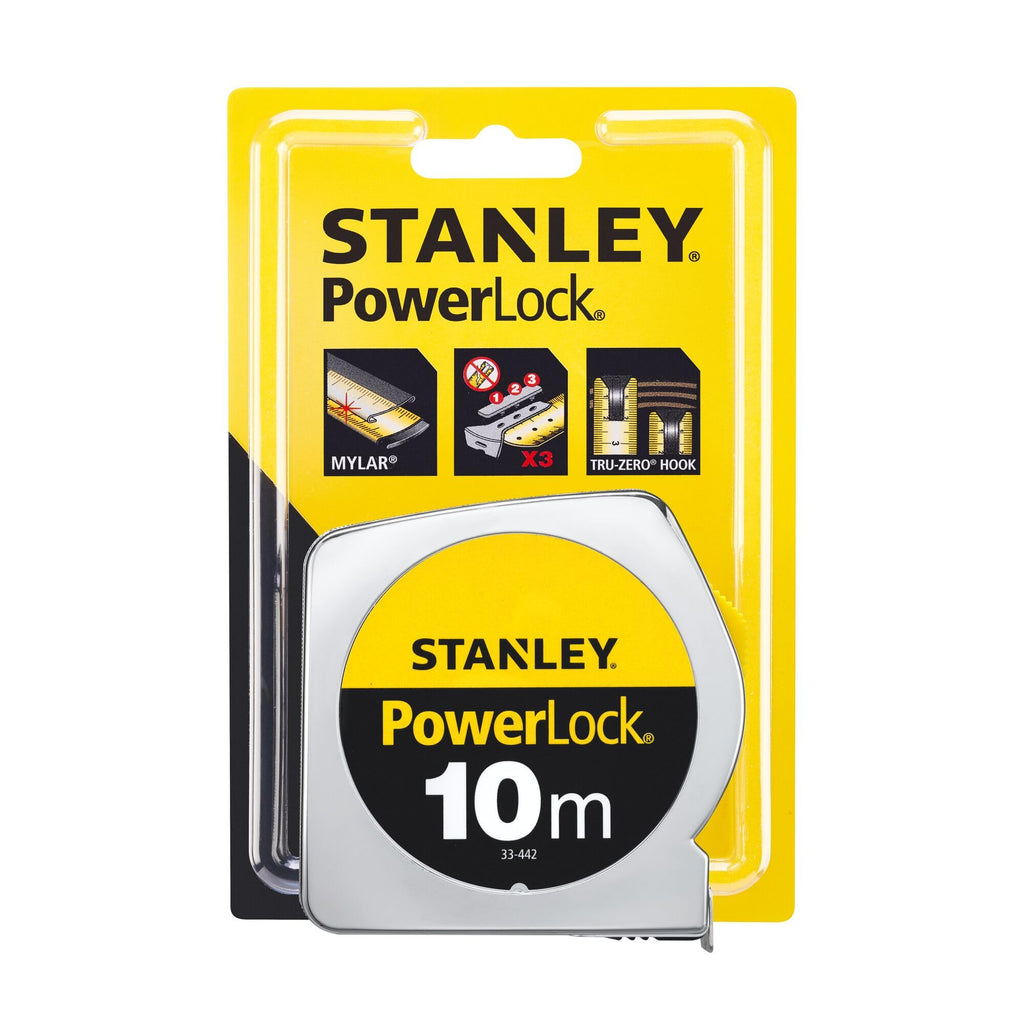 STANLEY Maßband Bandmaß Powerlock (Kunststoffgehäuse, Maßband 10 m Länge, 25 mm Breite, metrische Skalierung, Gürtelclip) 1-33-442