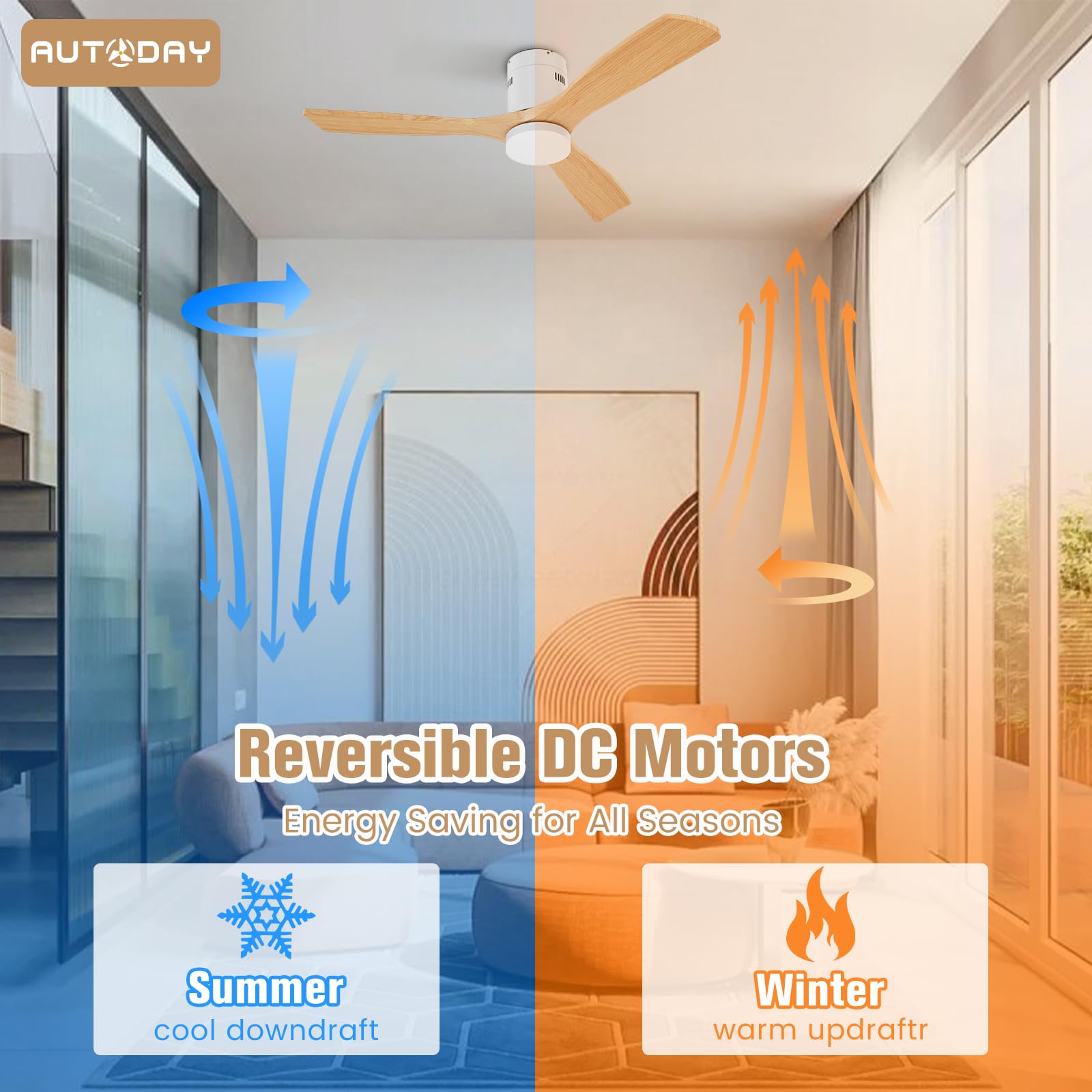 AUTODAY Holz Deckenventilator mit Beleuchtung dimmbarem LED 24W Leiser DC-Motor 38W 132 cm hölzern Deckenventilator mit licht Fernbedienung mit Memory-Funktion 6 Geschwindigkeiten 1/3/6H Timer