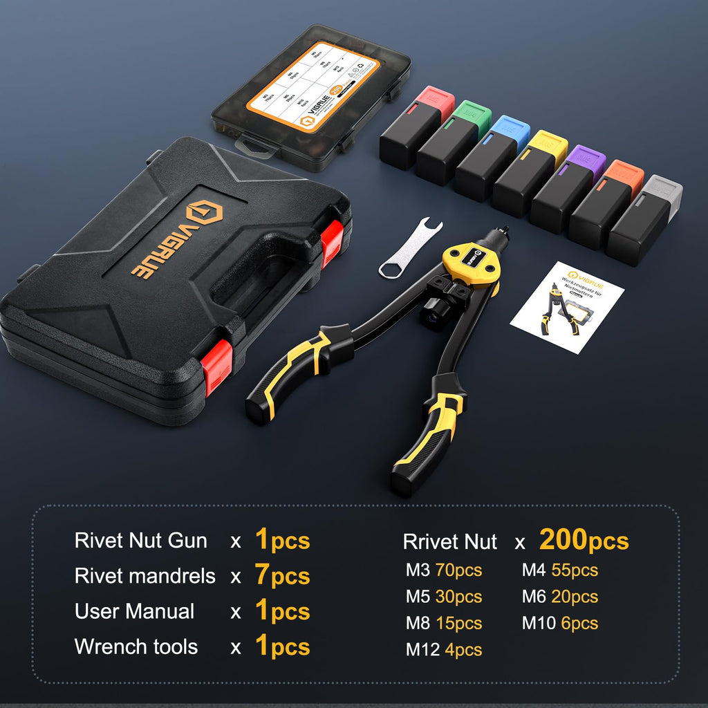 VIGRUE Nietmutternzange Nietmuttern set | 200 tlg Gewindehülsen Set | UNIVERSELL passend für Nietzange | 7 Austauschbare Nietdorne und Tragetasche Dorne in M3 M4 M5 M6 M8 M10 M12 Gewinde Nuss Nieten