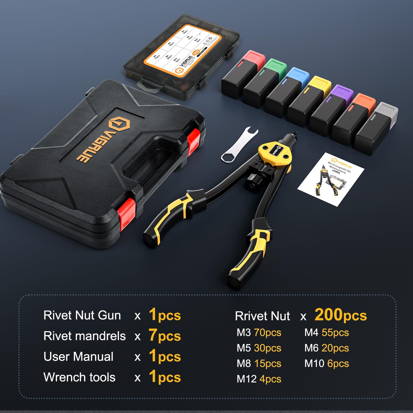 VIGRUE Nietmutternzange Nietmuttern set | 200 tlg Gewindehülsen Set | UNIVERSELL passend für Nietzange | 7 Austauschbare Nietdorne und Tragetasche Dorne in M3 M4 M5 M6 M8 M10 M12 Gewinde Nuss Nieten