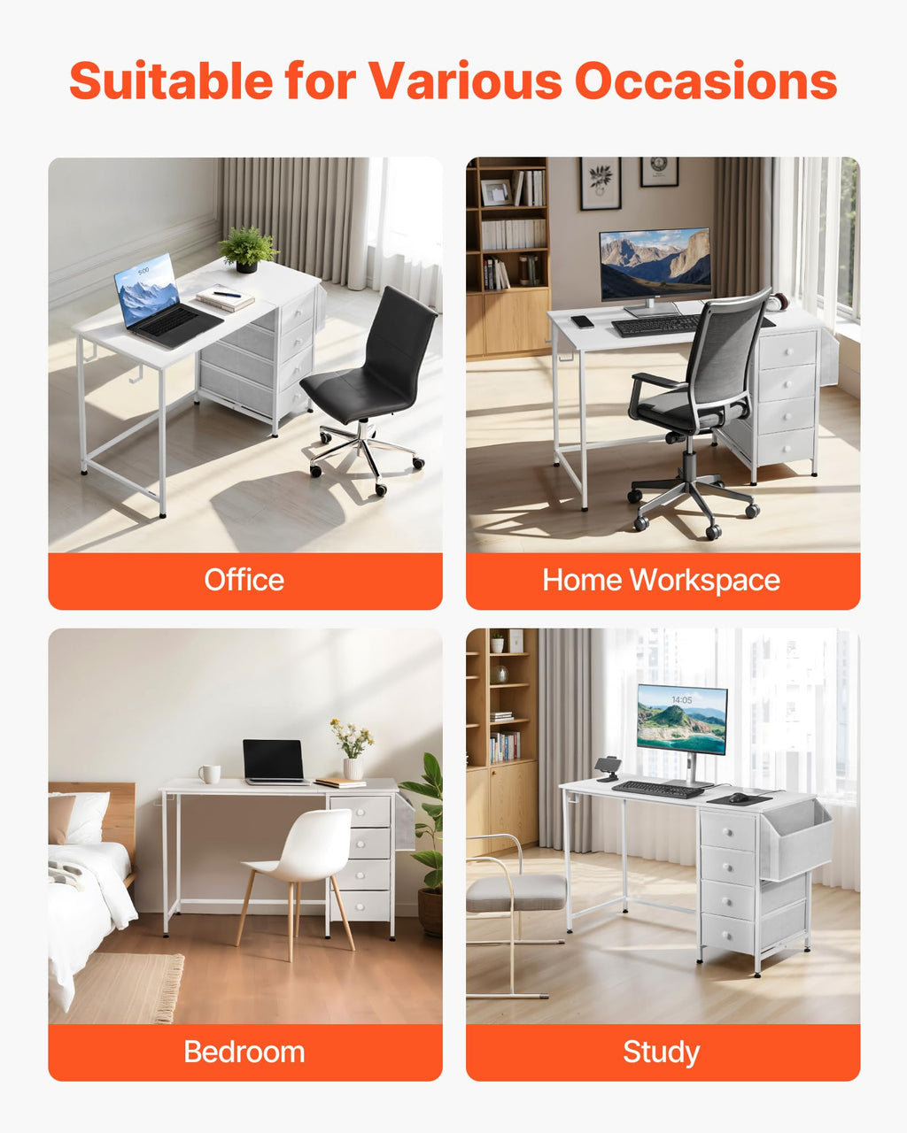 VEVOR Computertisch Bürotisch Schreibtisch (120 x 50 cm Tischplatte), moderner Arbeitstisch mit Stoffschubladen & 99 kg Tragkraft & Aufbewahrungshaken für Homeoffice Arbeitszimmer Wohnzimmer, Weiß