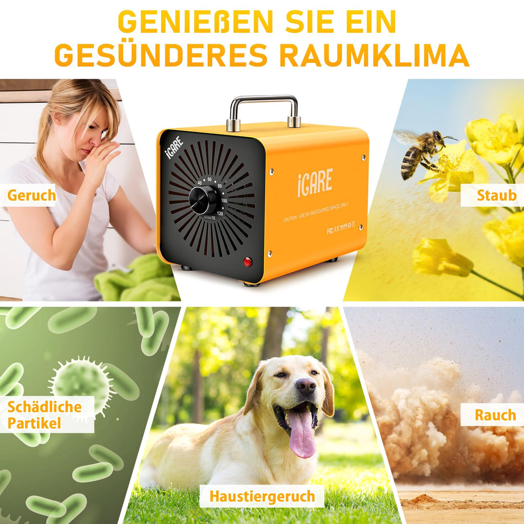 Ozongenerator 60000mg/h Ozongerät, Ozonisator Industrieller O3 Ozon Luftreiniger mit 120 Min Timer für 300㎡ Geruchskiller Geruchsneutralisierer für Auto, Rauch, Haustiergerüche, Gelb
