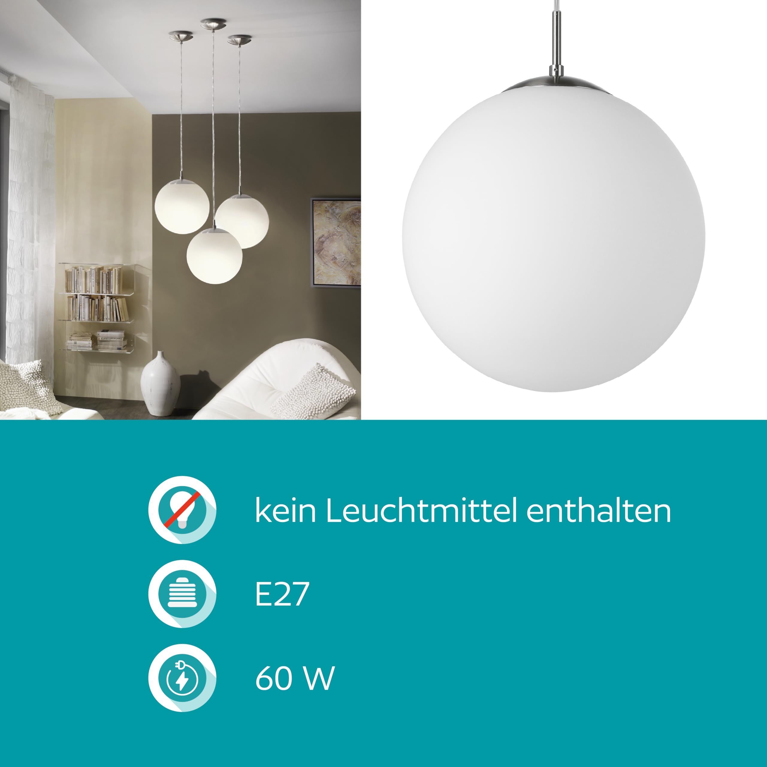 EGLO Pendellampe Rondo, 1 flammige Pendelleuchte, Hängeleuchte aus Metallin Silber, Glas in Opal matt weiß, E27 Fassung, Ø 30 cm