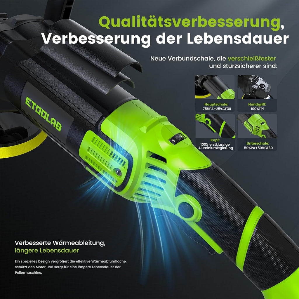 ETOOLAB Upgrade Auto Poliermaschine [2025 Verbessert] 1300W, 7 Variable Geschwindigkeit, 22 tlg, Poliermaschine Set mit 152/178mm Polierpad, für Auto Boot KFZ