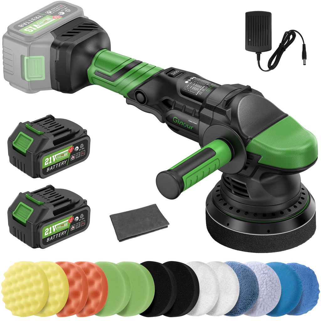 Ginour Poliermaschine Auto 21V, 900W Poliermaschine Akku Set 21pcs, Bürstenlosen Motor 2000-4600 OPM, Exzenter Poliermaschine 15mm 5-Geschwindigkeiten, 125mm Polierschwamm, 3Ah Batterie*2