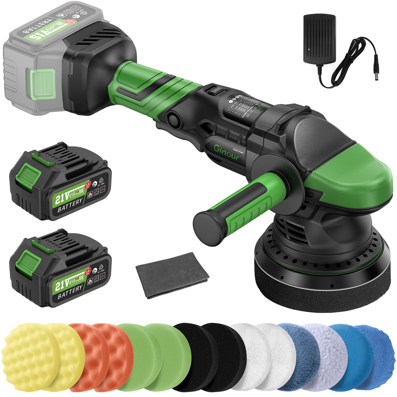 Ginour Poliermaschine Auto 21V, 900W Poliermaschine Akku Set 21pcs, Bürstenlosen Motor 2000-4600 OPM, Exzenter Poliermaschine 15mm 5-Geschwindigkeiten, 125mm Polierschwamm, 3Ah Batterie*2