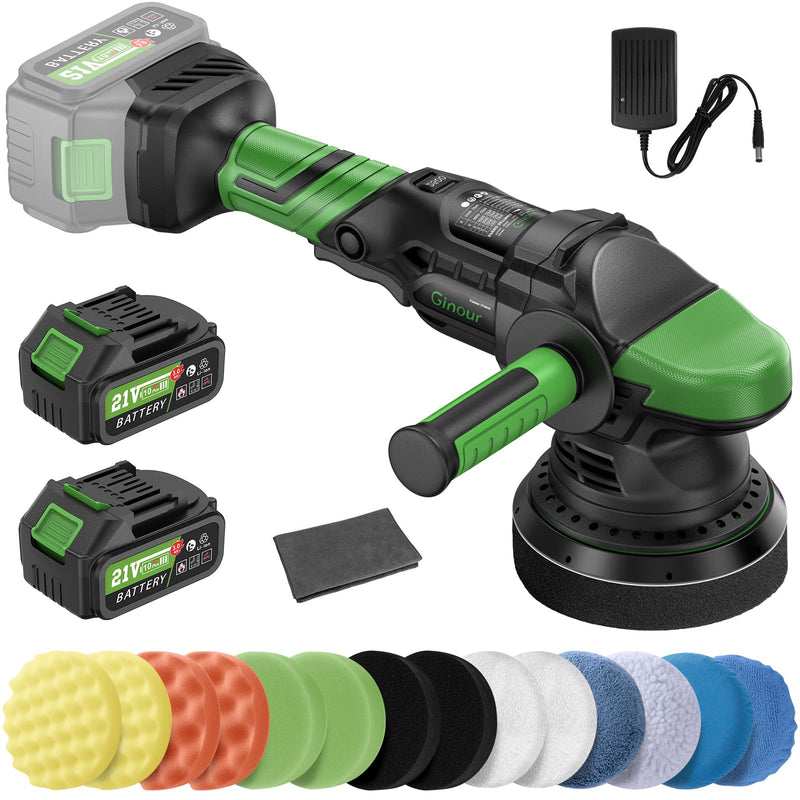 Ginour Poliermaschine Auto 21V, 900W Poliermaschine Akku Set 21pcs, Bürstenlosen Motor 2000-4600 OPM, Exzenter Poliermaschine 15mm 5-Geschwindigkeiten, 125mm Polierschwamm, 3Ah Batterie*2