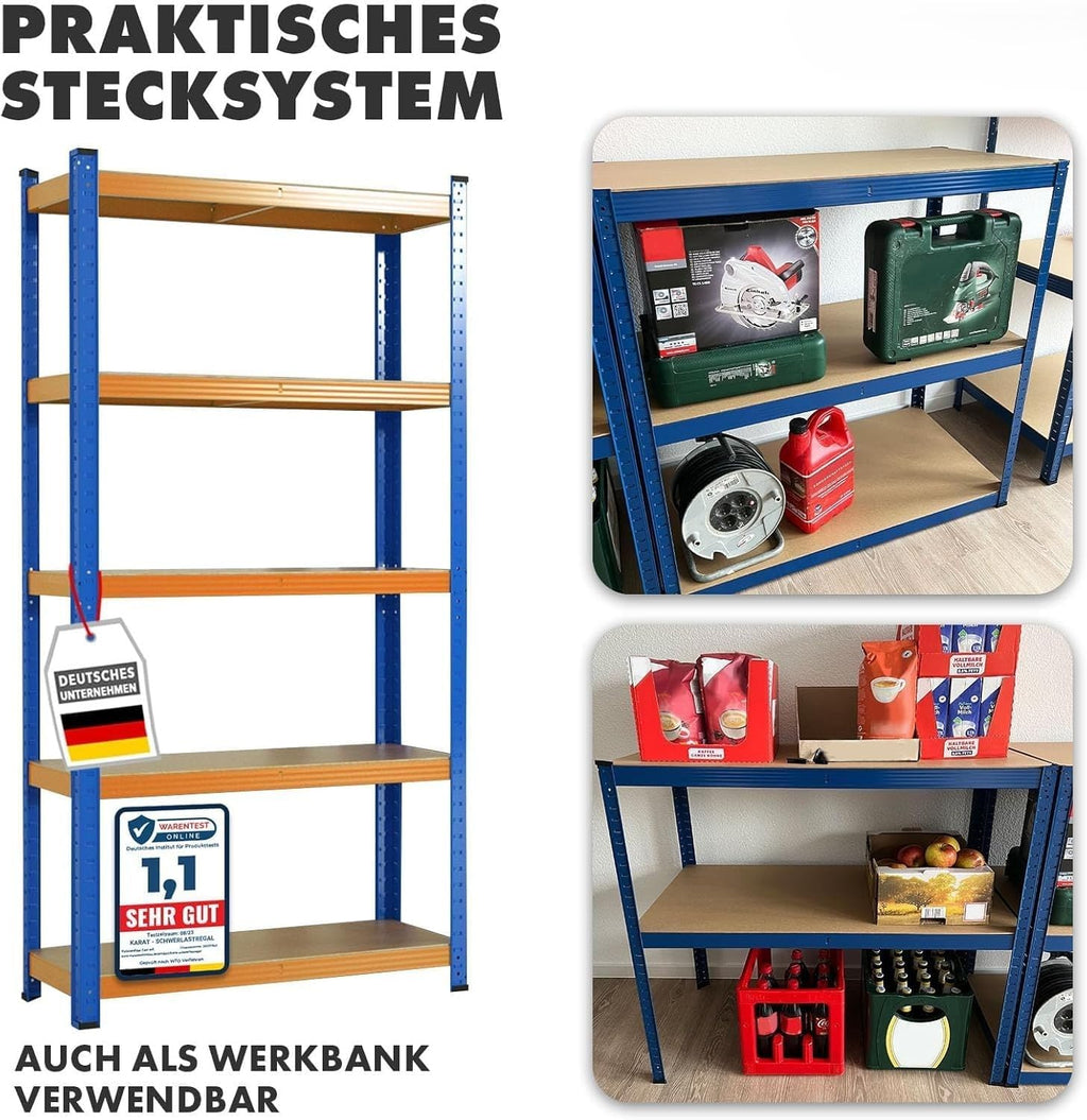 KARAT schwerlastregal - Steckregal, Kellerregal, Lagerregal, Werkbank - Traglast bis 1250 kg - Schnelle Montage & Standsicher (Blau-Orange, 180 x 120 x 45 cm)