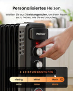 Pro Breeze 2500W Ölradiator mit 11 Heizrippen, Elektrischer Heizkörper, 24h Timer, Ölradiator energiesparend, 3 Heizstufen, Einstellbares Thermostat & Sicherheitsabschaltfunktion - schwarz