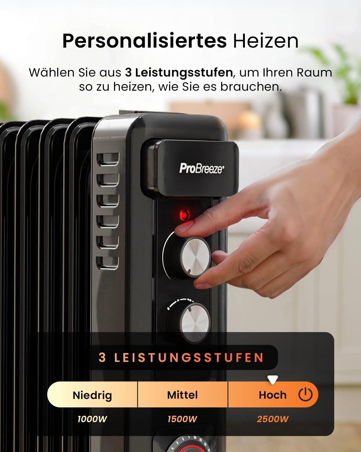 Pro Breeze 2500W Ölradiator mit 11 Heizrippen, Elektrischer Heizkörper, 24h Timer, Ölradiator energiesparend, 3 Heizstufen, Einstellbares Thermostat & Sicherheitsabschaltfunktion - schwarz