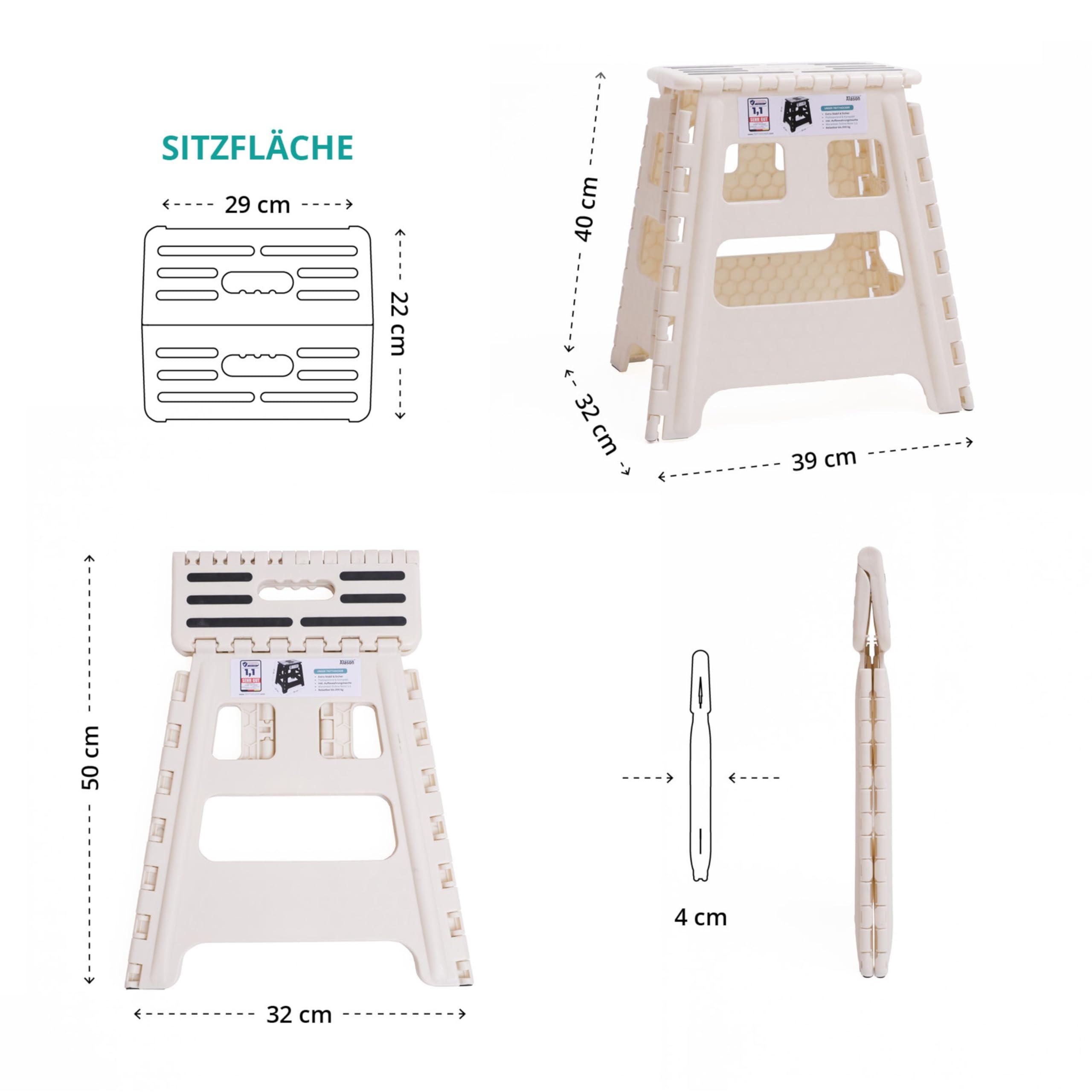 VERGLEICHSSIEGER - Alason® Tritthocker Klappbar 39 cm, Belastbar bis 200 kg – Mit Aufhängehaken & Aufbewahrungstasche – Platzsparender, Faltbarer Hocker in Weiß/Beige für Zuhause, Küche, Bad & Garage