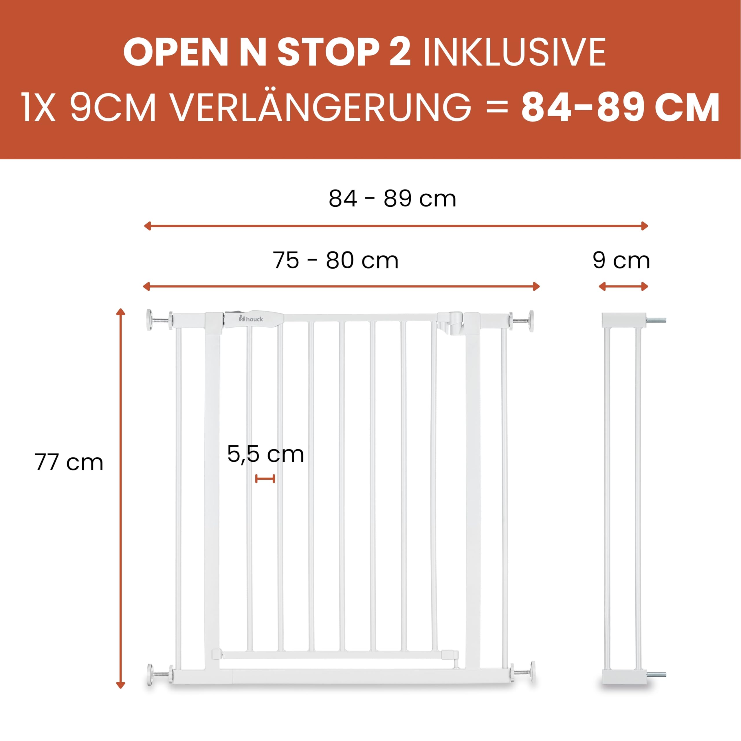 hauck Open N Stop 2 + 9 cm Verlängerung, Weiß - Kinderschutzgitter Hundegitter, Verstellbare Breite 84-89 cm, 77 cm Hoch, Beidseitige Einhand Öffnung, ohne Bohren, für Innen