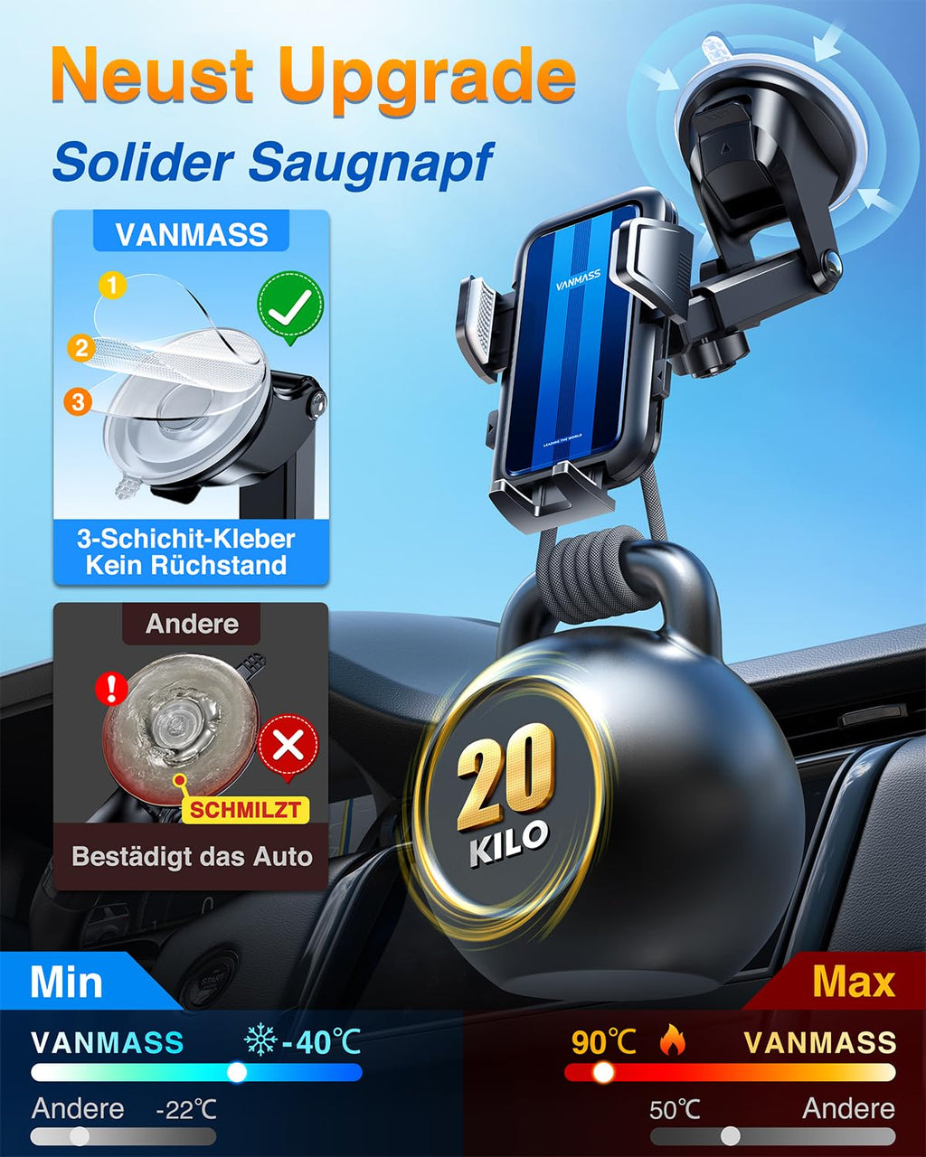 VANMASS 2025 【Neueste & Stärkste】 Handyhalterung Auto Militär-Klasse Handy Halterung Auto【Über 20KG Saugkraft】 Armaturenbrett Scheibe Autohalterung LKW für iPhone 16 Pro Max 15 14 Samsung S24 Android
