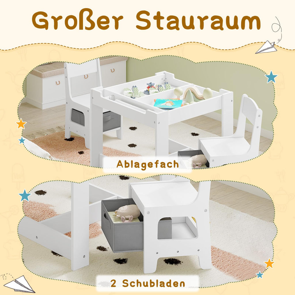 Lestarain 3 TLG. Kindertisch mit 2 Stühlen, Kindersitzgruppe, Kindermöbel Set mit Stauraum, Malttisch für Vorschüler, Tischplatte mit Tafel und Papierrolle, für Kinderzimmer Spielzimmer, Weiß