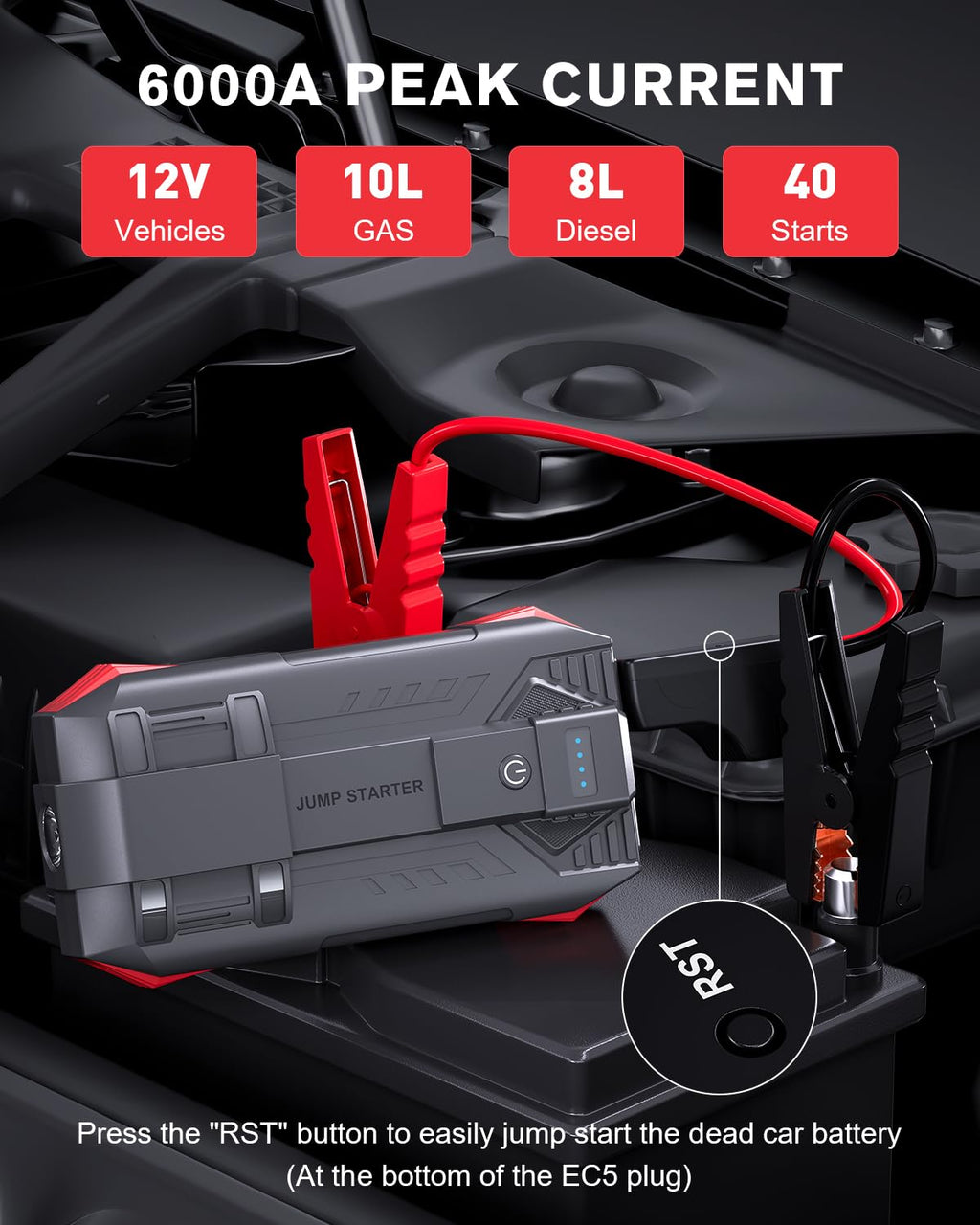 Povasee 6000A UltraSafe Starthilfe Powerbank für Pkw, 12V Booster Auto Starthilfe (bis zu 10L Benzin/8L Diesel), Starter Powerbank mit Starthilfekabel, Kfz Jump Starter mit LED und 2 USB-Ausgänge