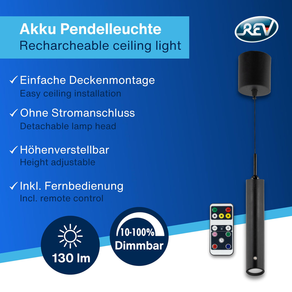 REV Pendelleuchte Akku - 130lm dimmbar 3 Farben, Timer 1-4H, höhenverstellbar durch ziehen (37-163cm) Hängeleuchte mit Fernbedienung, ideal als Hängelampe ohne Strom, schwarz