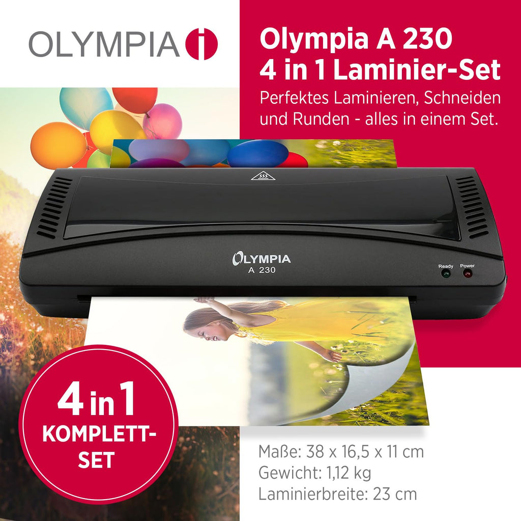 Olympia A 230 Laminierset 4-in-1 | Heiß- und Kaltlaminierung | Laminiergerät mit Eckenrunder, Papierschneider & Laminierfolien | Blasenfreies Laminieren | Überhitzungsschutz | Laminiergerät A4