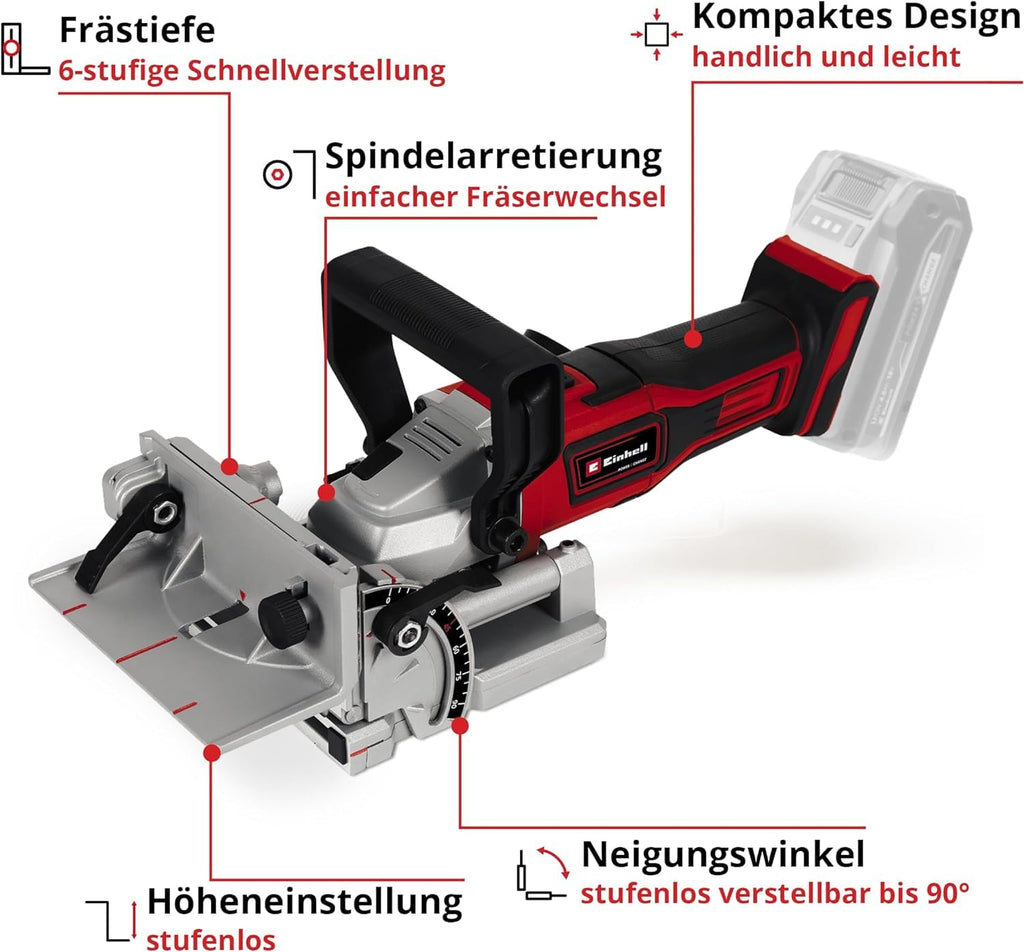Einhell Akku-Flachdübelfräse TE-BJ 18 Li-Solo Power X-Change (18 V, Li-Ion, stufenlose Winkel-/Höheneinstellung, 6-stufige Tiefenverstellung, ohne Akku & ohne Ladegerät)