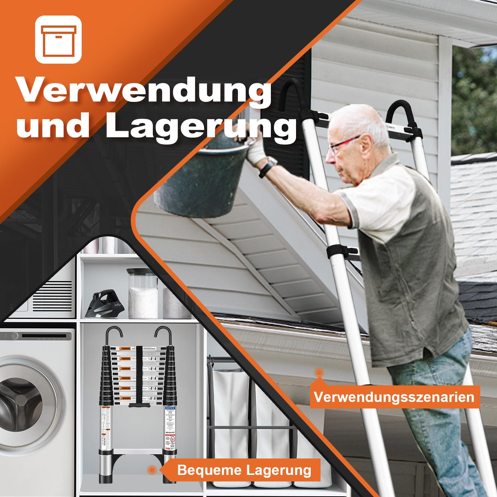 HBTower 3,8m Teleskopleiter Aluminium mit Haken, Leichte Ausziehleiter, Leiter Ausziehbar, klappbare Leiter für Dachböden, Caravans, 150kg Tragfähigkeit, Silber