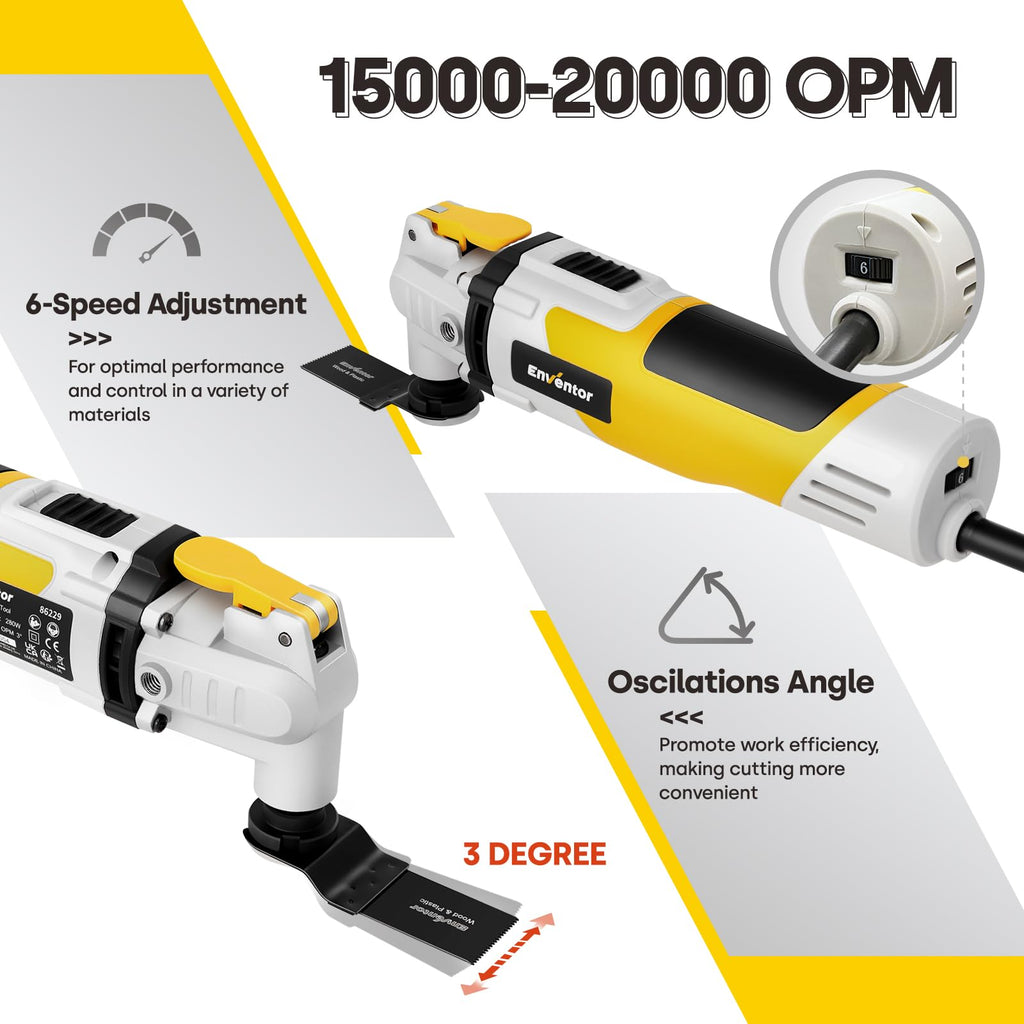 ENVENTOR Oszillationswerkzeug, 280W Multifunktionswerkzeug mit 42 Zubehör, 6 Variable Geschwindigkeit 15000-22000RPM, Hilfsgriff, 3° Oszillationswinkel, zum Schneiden, Schleifen, Polieren