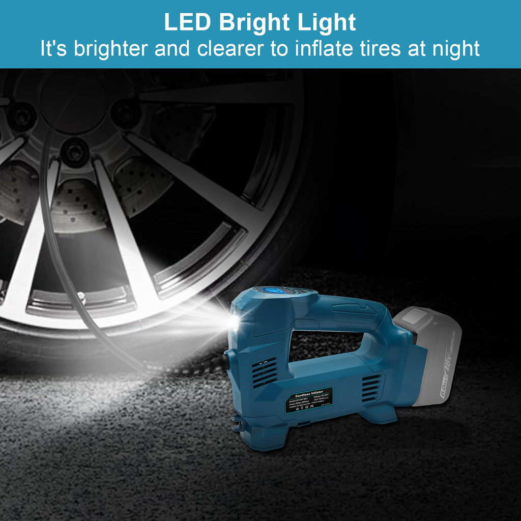 QUPERR Akku Kompressor kompatibel mit Makita 18V Akku, Elektrischer Luftkompressor bis 10,34 bar mit LED-Licht & Autostopp, Tragbare Luftpumpe für Auto, Motorrad, Fahrrad, Bälle (ohne Akku)