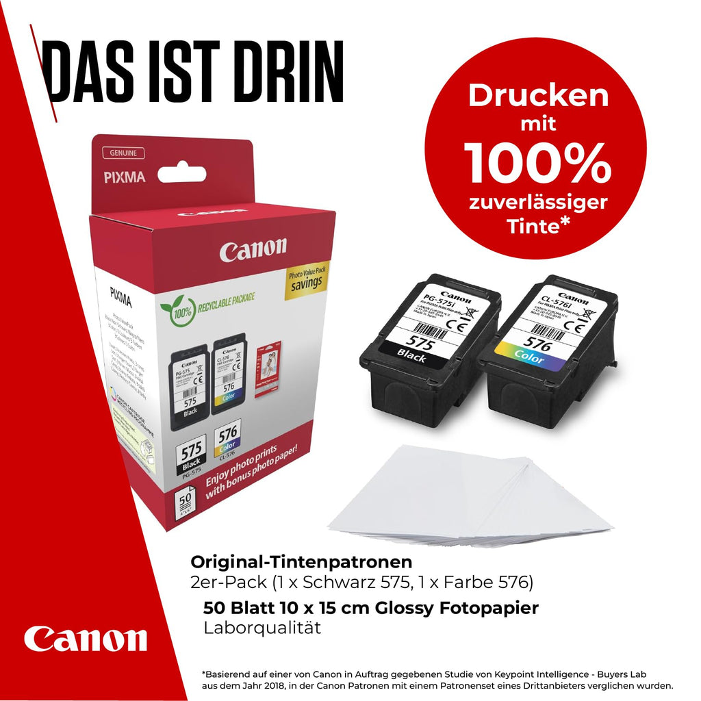 Canon Tintenpatronen & Papier-Multipack - PG-575/CL-576 Original Druckerpatronen 2er Pack (1 x Schwarz, 1 x Farbe) & 4x6 Fotopapier (50 Blatt)