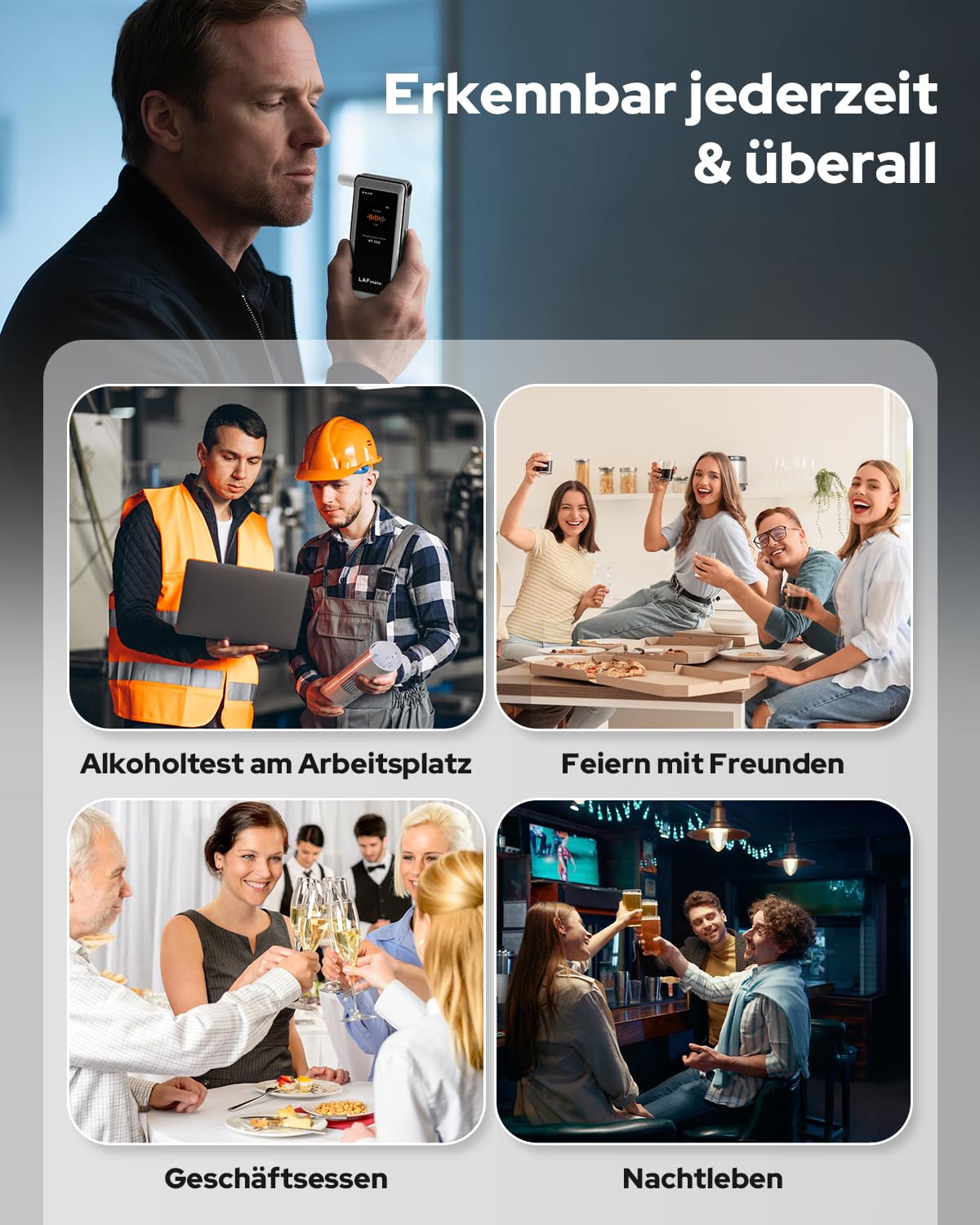 LAFMATE AT-160 Alkoholtester, hochpräziser Promilletester mit Alarmschwelleneinstellung, Breathalyzer mit digitaler LCD-Anzeige, Speicherfunktion, Typ-C-Laden, 10 Mundstücke für Heimgebrauch