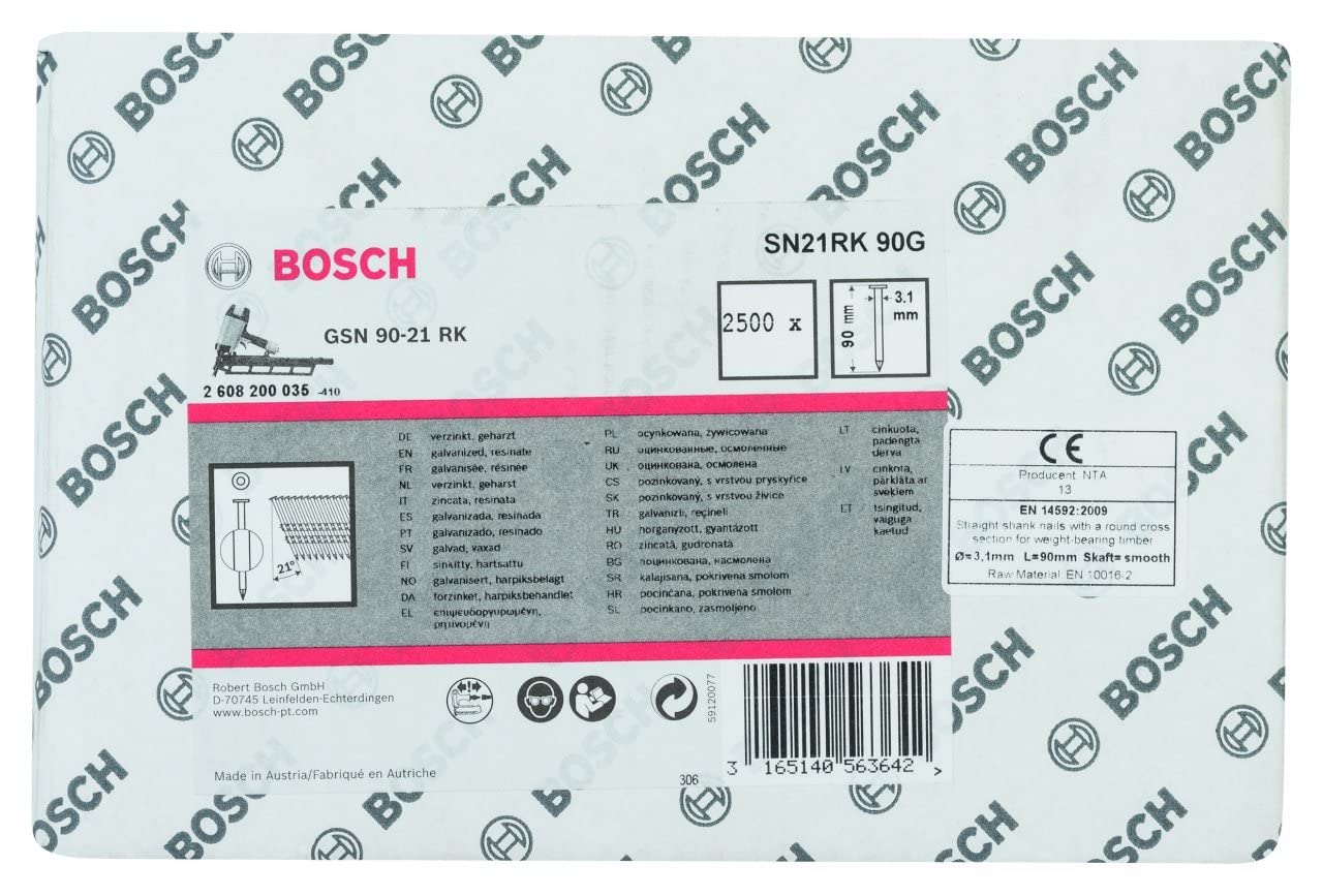 Bosch Professional 4000x Rundkopf-Streifennägel 21° SN21RK 90G (3.1 mm, 90 mm, gehartzt, verzinkt, glatt, Zubehör für Nagelpistolen, Druckluftnagler)